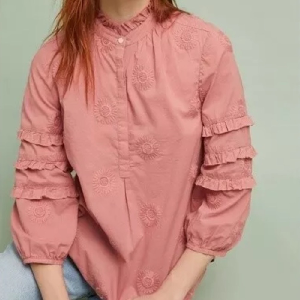 Anthropologie Isabella Sinclair Ruffled High Neck Sunflower Puff Sleeve Top M